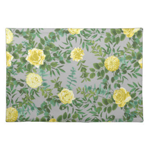 Light Yellow & Grey Peony & Rose Floral Wedding Cloth Placemat