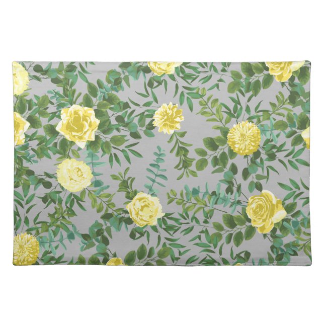 Light Yellow & Grey Peony & Rose Floral Wedding Cloth Placemat (Front)