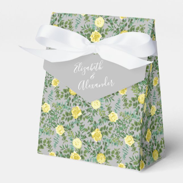Light Yellow & Grey Peony & Rose Floral Wedding Favor Boxes (Front Side)