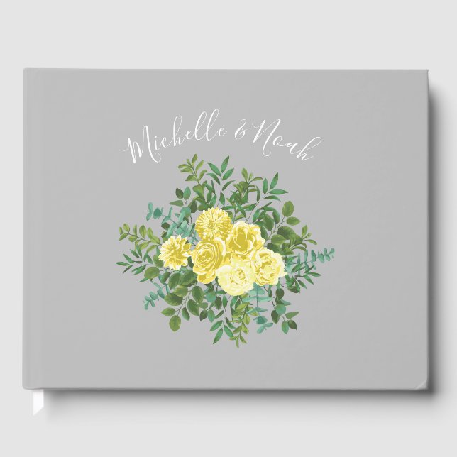 Light Yellow & Grey Peony & Rose Floral Wedding Guest Book (Front)