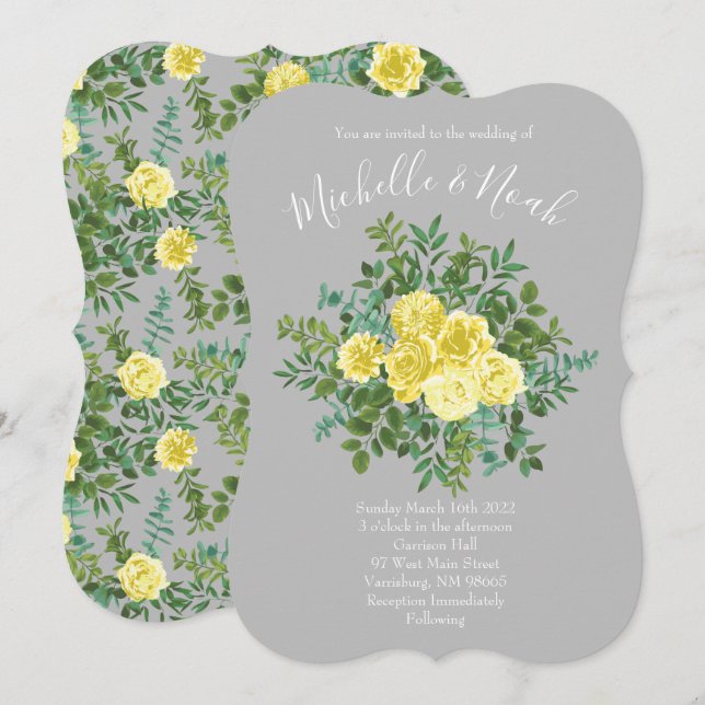 Light Yellow & Grey Peony & Rose Floral Wedding Invitation (Front/Back)