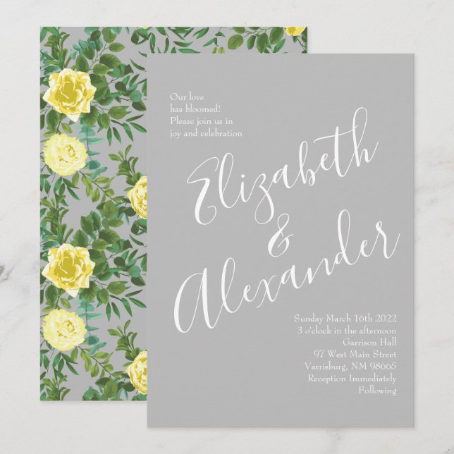 Light Yellow & Grey Peony & Rose Floral Wedding Invitation (Front/Back)