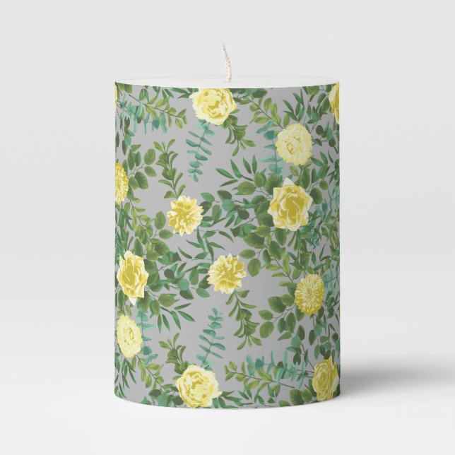 Light Yellow & Grey Peony & Rose Floral Wedding Pillar Candle (Front)