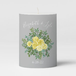 Light Yellow & Grey Peony & Rose Floral Wedding Pillar Candle