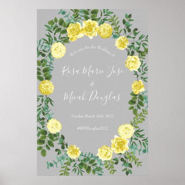 Light Yellow & Grey Peony & Rose Floral Wedding Poster (Front)