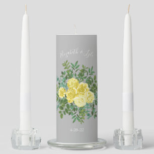 Light Yellow & Grey Peony & Rose Floral Wedding Unity Candle Set