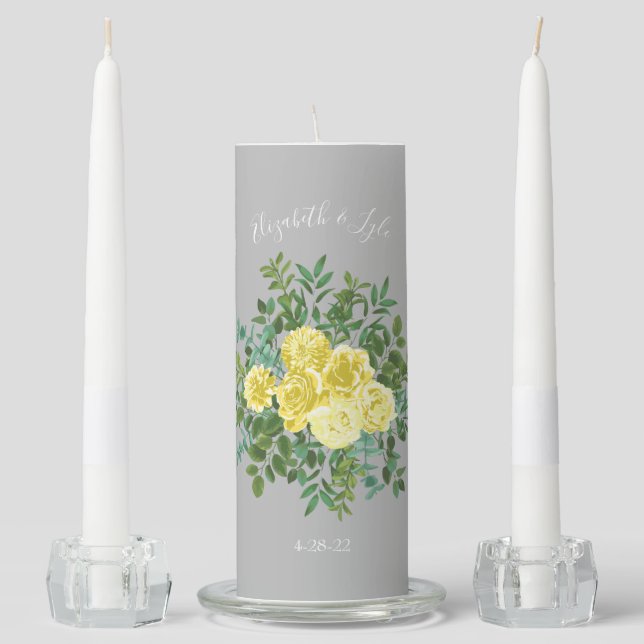 Light Yellow & Grey Peony & Rose Floral Wedding Unity Candle Set (Front)