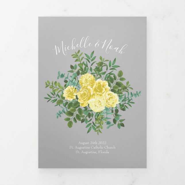 Light Yellow & Grey & Rose Floral Wedding Programs (Cover)
