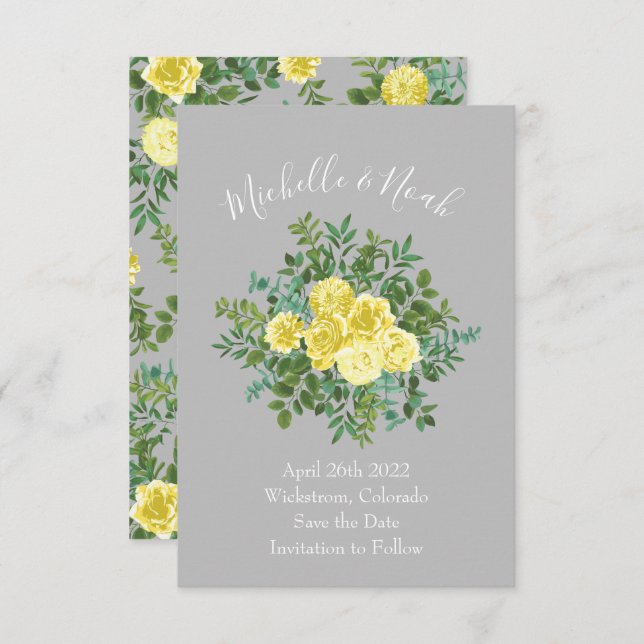 Light Yellow & Grey Rose Floral Wedding Save Date Invitation (Front/Back)
