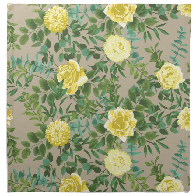 Light Yellow & Khaki Ecru Rose Floral Wedding Cloth Napkin (Front)