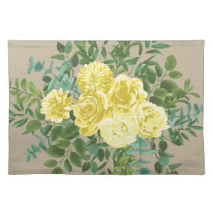 Light Yellow Khaki Ecru Rose Floral Wedding Cloth Placemat