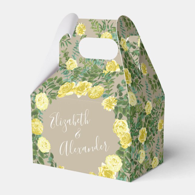 Light Yellow & Khaki Ecru Rose Floral Wedding Favor Boxes (Front Side)