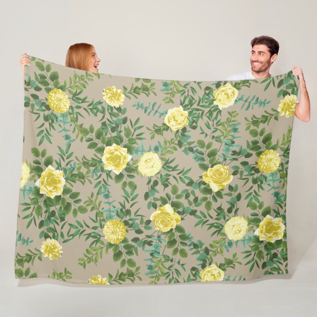 Light Yellow Khaki Ecru Rose Floral Wedding Fleece Blanket (In Situ)