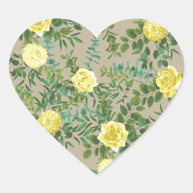 Light Yellow & Khaki Ecru Rose Floral Wedding Heart Sticker (Front)