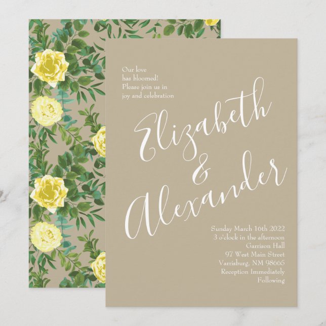 Light Yellow & Khaki Ecru Rose Floral Wedding Invitation (Front/Back)