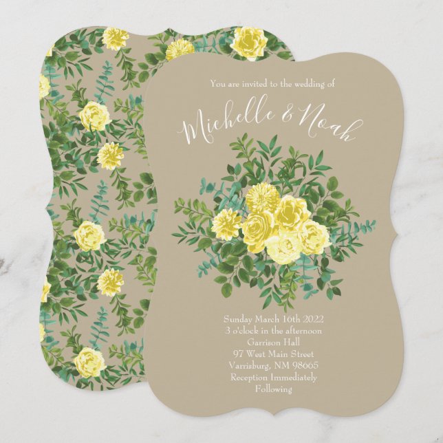 Light Yellow & Khaki Ecru Rose Floral Wedding Invitation (Front/Back)