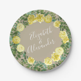 Light Yellow Khaki Ecru Rose Floral Wedding Paper Plates