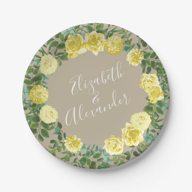 Light Yellow Khaki Ecru Rose Floral Wedding Paper Plates (Front)
