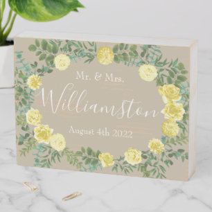 Light Yellow Khaki Ecru Rose Floral Wedding Wooden Box Sign