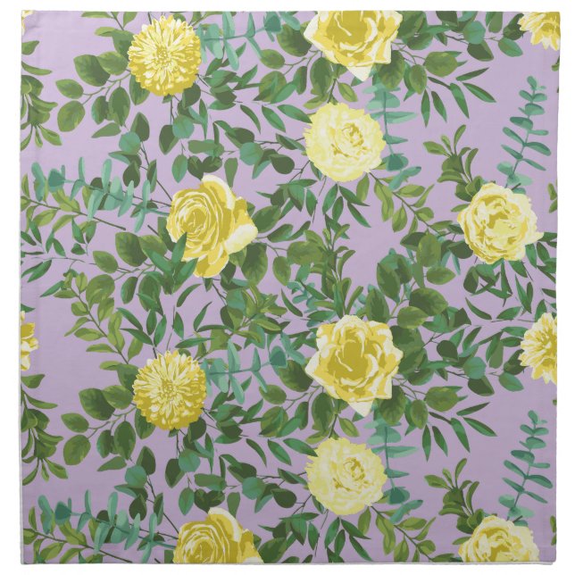 Light Yellow & Lilac Purple Rose Floral Wedding Cloth Napkin (Front)