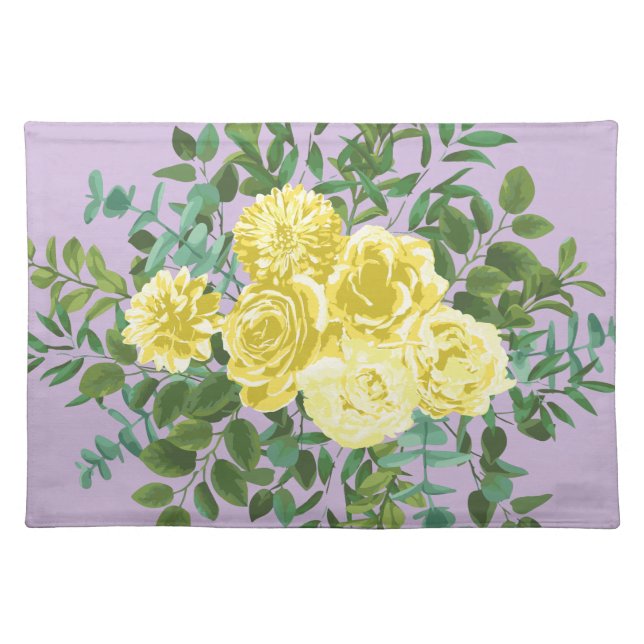 Light Yellow Lilac Purple Rose Floral Wedding Cloth Placemat (Front)