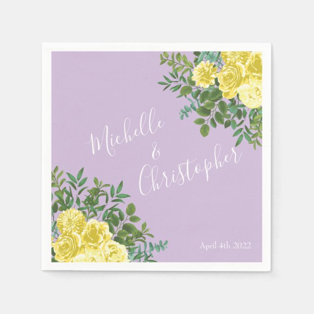 Light Yellow & Lilac Purple Rose Floral Wedding Napkins (Front)