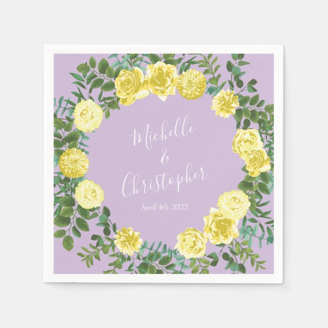 Light Yellow & Lilac Purple Rose Floral Wedding Napkins (Front)