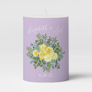 Light Yellow & Lilac Purple Rose Floral Wedding Pillar Candle