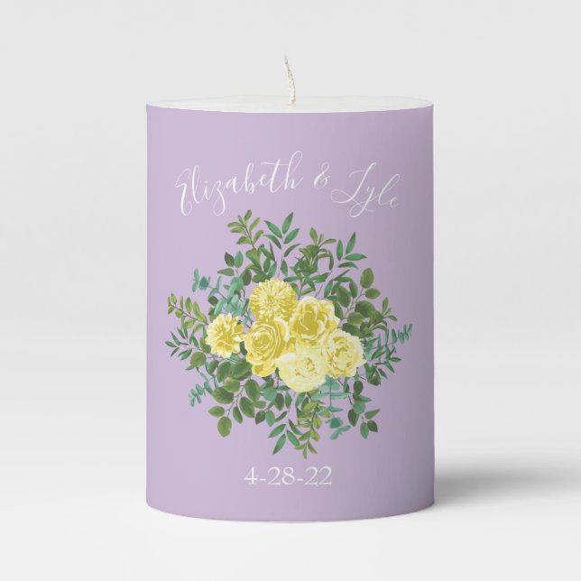 Light Yellow & Lilac Purple Rose Floral Wedding Pillar Candle (Front)