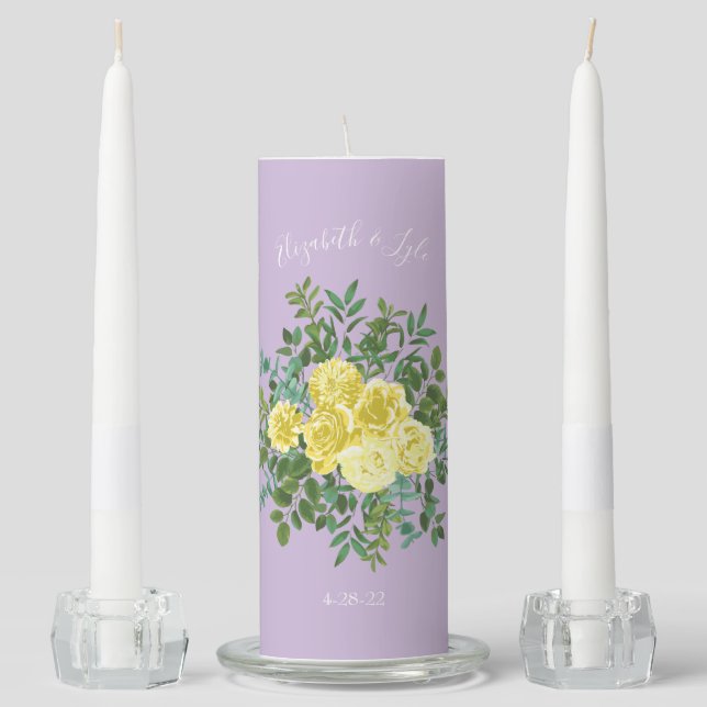 Light Yellow & Lilac Purple Rose Floral Wedding Unity Candle Set (Front)