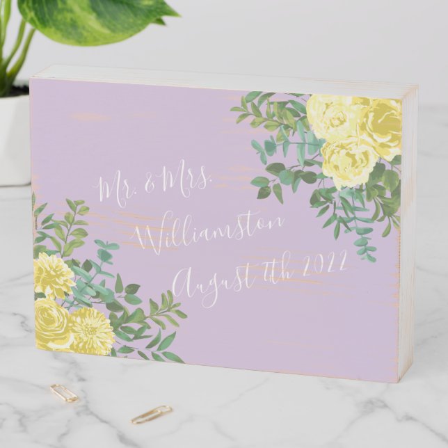 Light Yellow & Lilac Purple Rose Floral Wedding Wooden Box Sign (In Situ Horizontal)