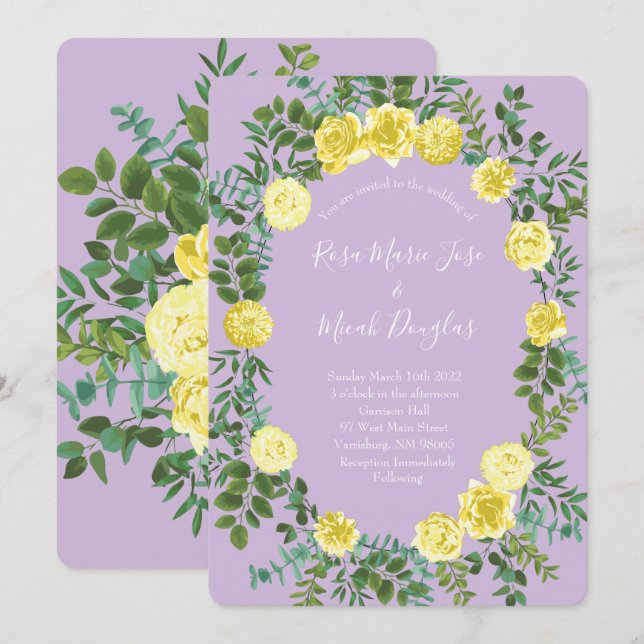 Light Yellow Lilac Purple Rose Wedding Invitations (Front/Back)