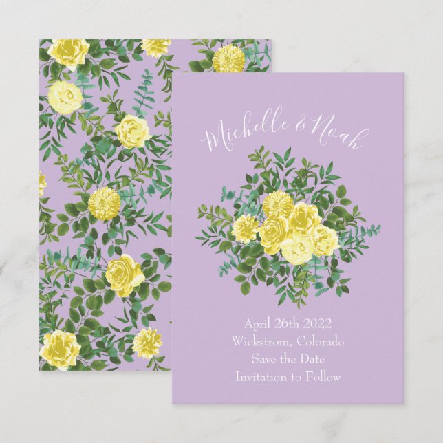 Light Yellow & Lilac Purple Rose Wedding Save Date Invitation (Front/Back)
