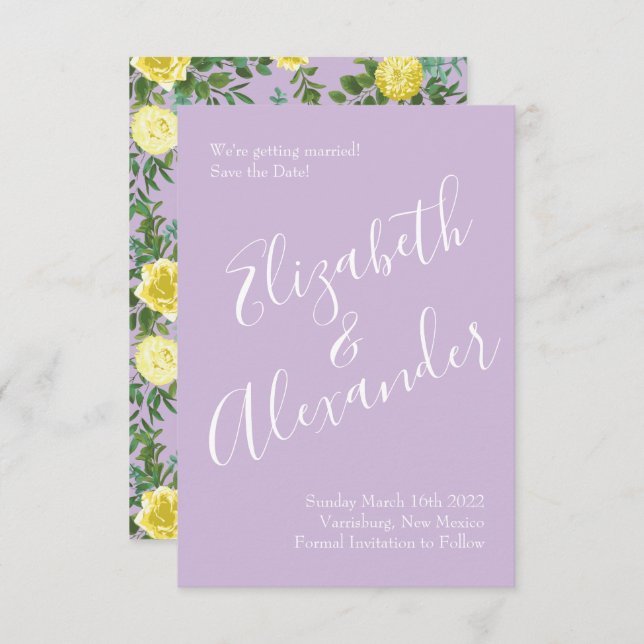 Light Yellow & Lilac Purple Rose Wedding Save Date Invitation (Front/Back)