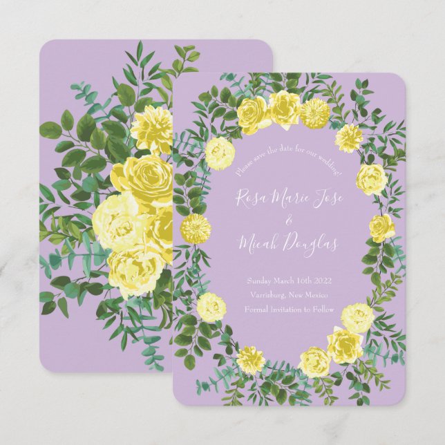 Light Yellow & Lilac Purple Rose Wedding Save Date Invitation (Front/Back)