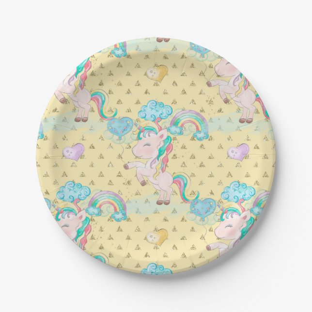 Light Yellow Magical Unicorn Pattern Paper Plates (Front)