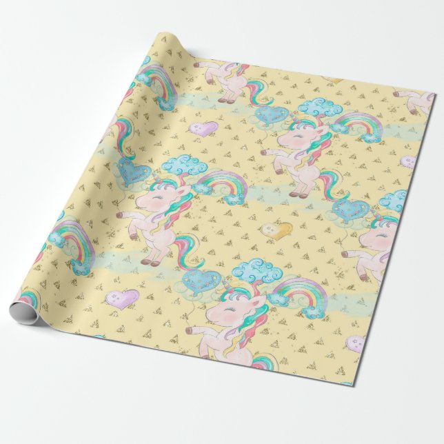 Light Yellow Magical Unicorn Pattern Wrapping Paper (Unrolled)