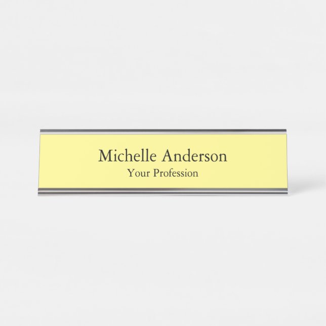 Light Yellow Minimalist Professional Modern Plain Desk Name Plate (Front)