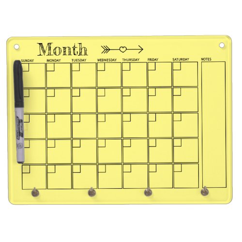 Light Yellow Monthly Calendar Dry Erase Board With Keychain Holder