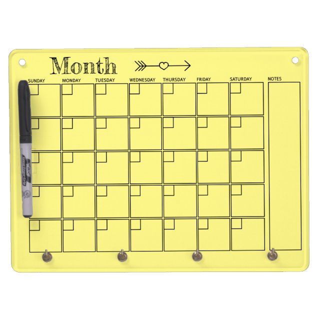 Light Yellow Monthly Calendar Dry Erase Board With Keychain Holder (Front)