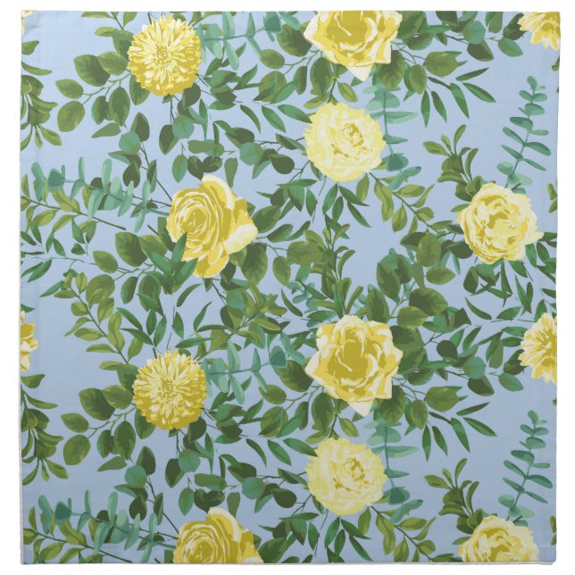 Light Yellow & Pale Blue Rose Floral Wedding Cloth Napkin (Front)