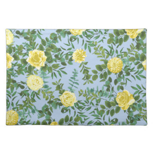 Light Yellow Pale Blue Rose Floral Wedding Cloth Placemat