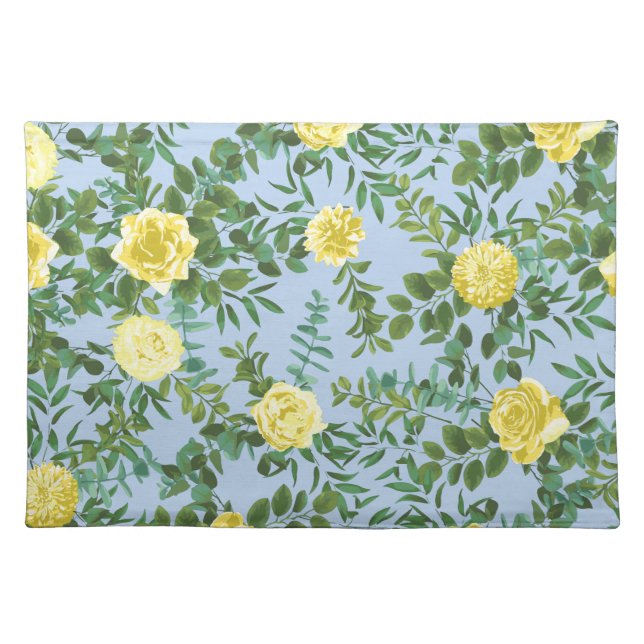 Light Yellow Pale Blue Rose Floral Wedding Cloth Placemat (Front)