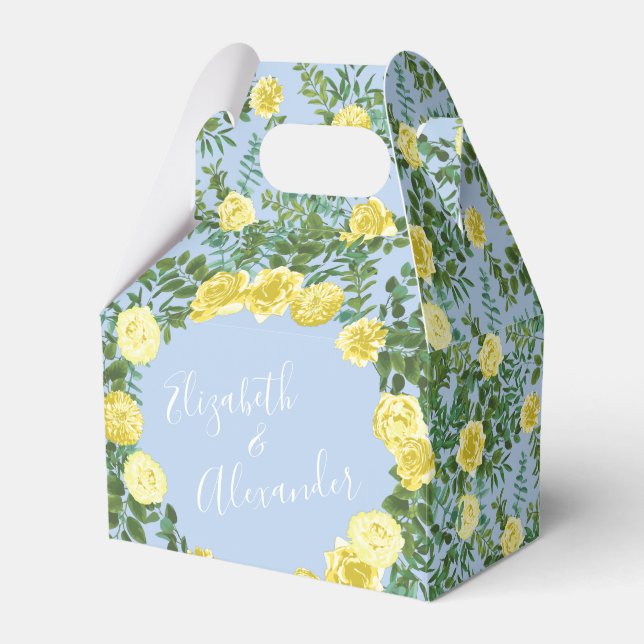 Light Yellow & Pale Blue Rose Floral Wedding Favor Boxes (Front Side)