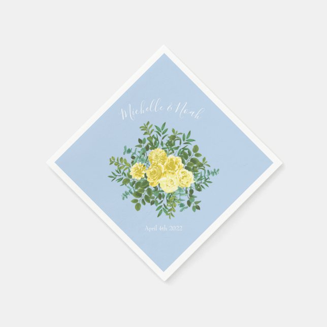 Light Yellow & Pale Blue  Rose Floral Wedding Napkins (Corner)