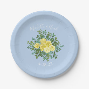 Light Yellow & Pale Blue Rose Floral Wedding Paper Plates