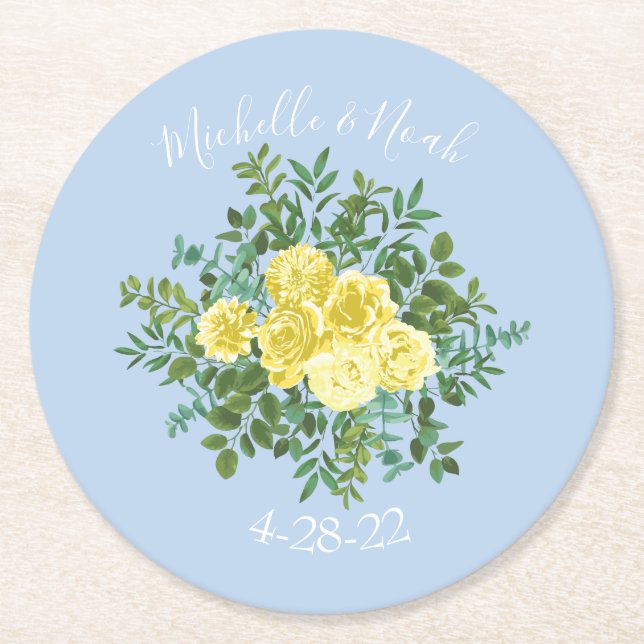 Light Yellow & Pale Blue Rose Floral Wedding Round Paper Coaster (Front)