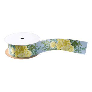Light Yellow & Pale Blue Rose Floral Wedding Satin Ribbon