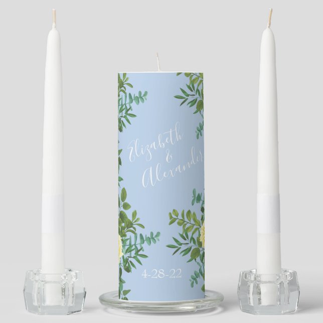 Light Yellow & Pale Blue Rose Floral Wedding Unity Candle Set (Front)
