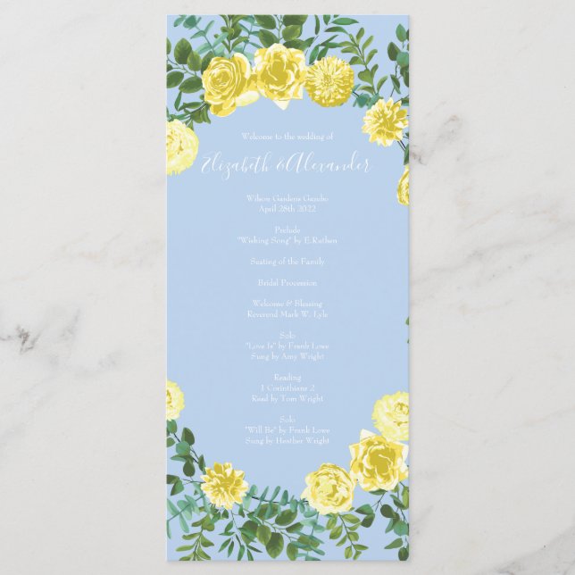 Light Yellow Pale Blue Rose Wedding Programs (Front)